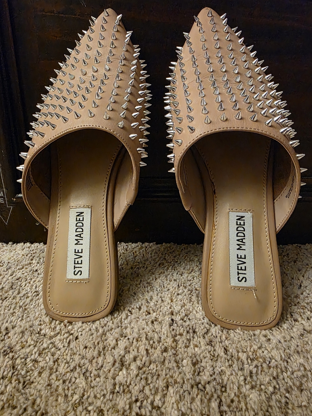 Steve Madden Nude Pink Spike-Embellished Pointed Mules